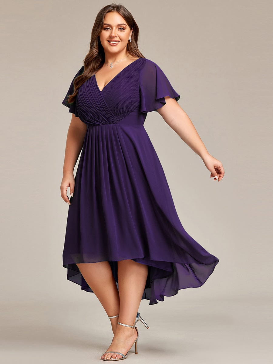 Plus Size V-Neck High-Low Chiffon Wedding Guest Dress #color_Dark Purple