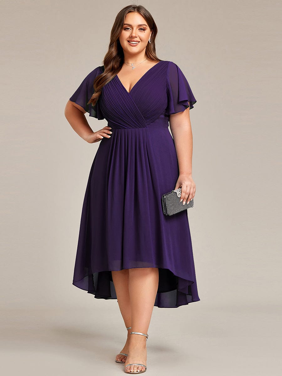 Plus Size V-Neck High-Low Chiffon Wedding Guest Dress #color_Dark Purple