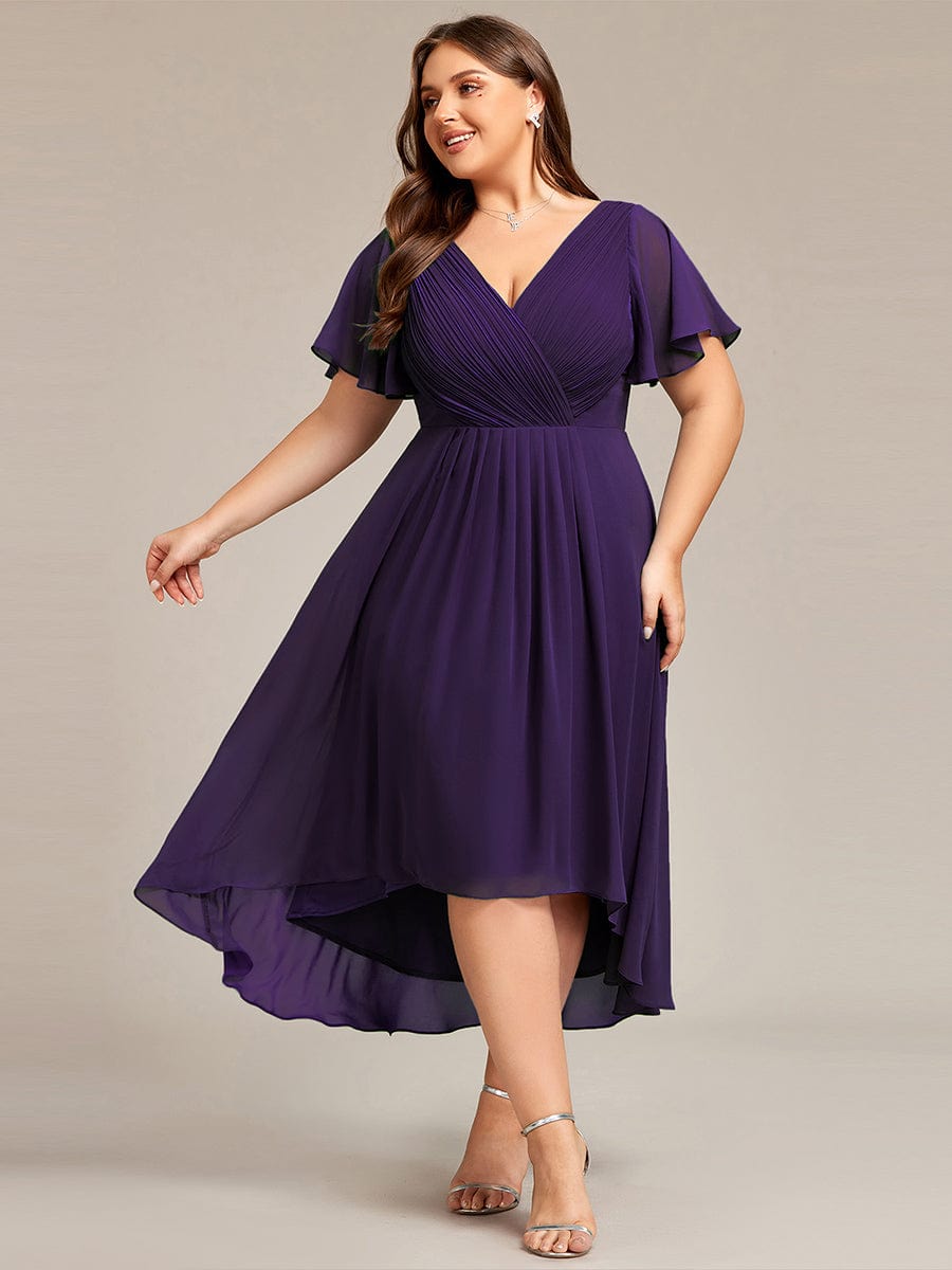 Custom Size Chic V Neck High-Low Wedding Guest Dress #color_Dark Purple