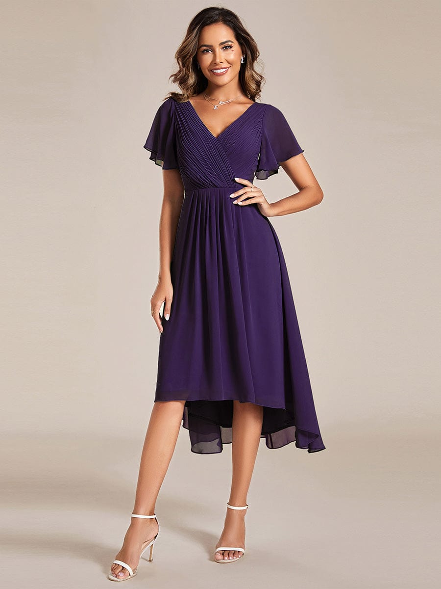 Chic V Neck High-Low Wedding Guest Dress #color_Dark Purple