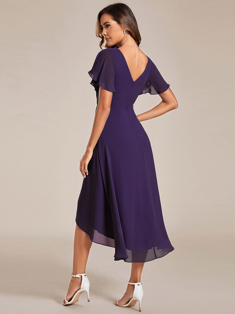 Chic V Neck High-Low Wedding Guest Dress #color_Dark Purple