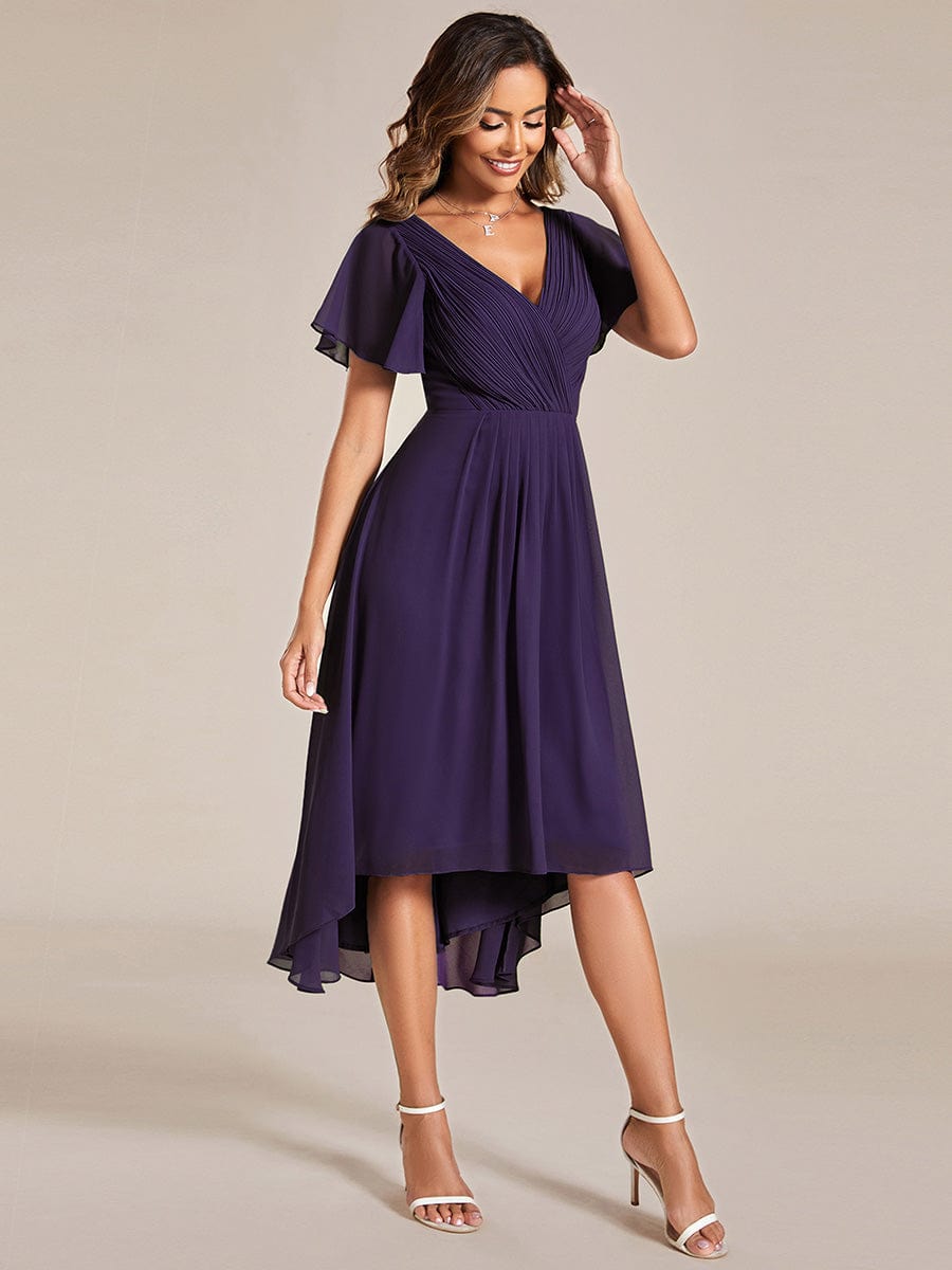 Chic V Neck High-Low Wedding Guest Dress #color_Dark Purple