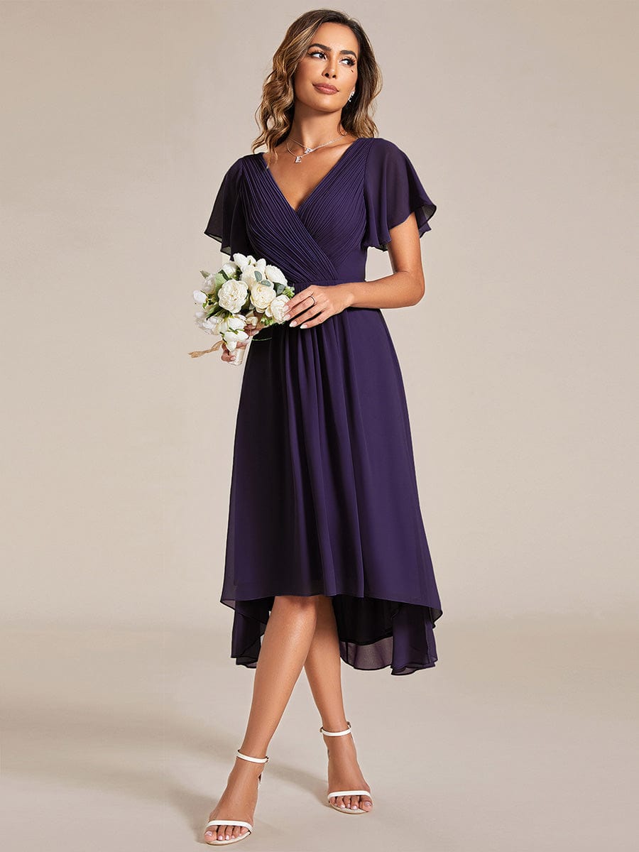 Chic V Neck High-Low Wedding Guest Dress #color_Dark Purple