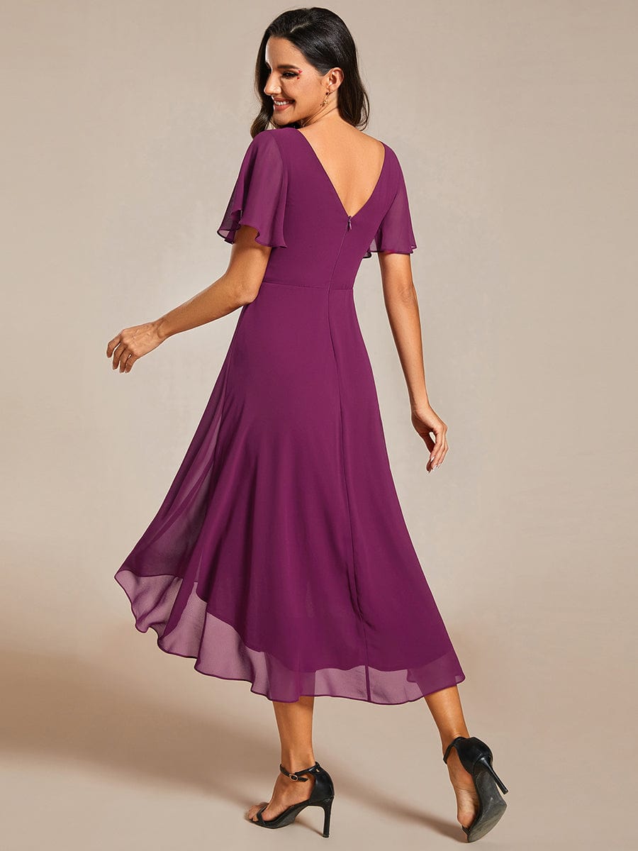 Chic V Neck High-Low Short Sleeve Wedding Guest Dress #color_Fuchsia