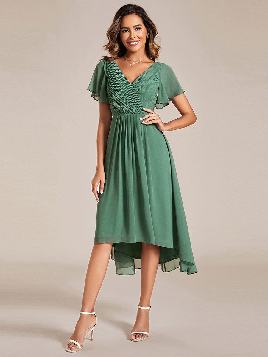 Chic V Neck High-Low Short Sleeve Wedding Guest Dress #color_Green Bean