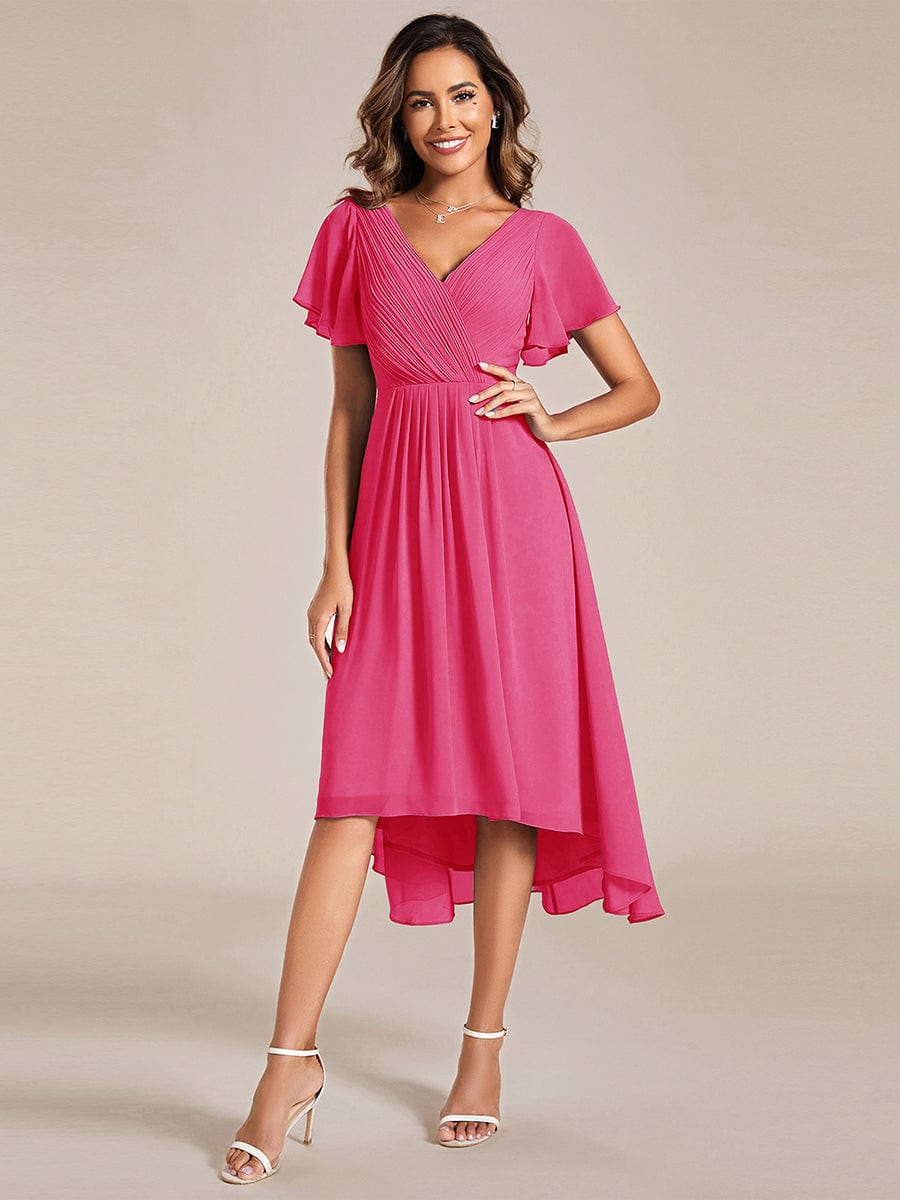 Chic V Neck High-Low Short Sleeve Wedding Guest Dress #color_Hot Pink