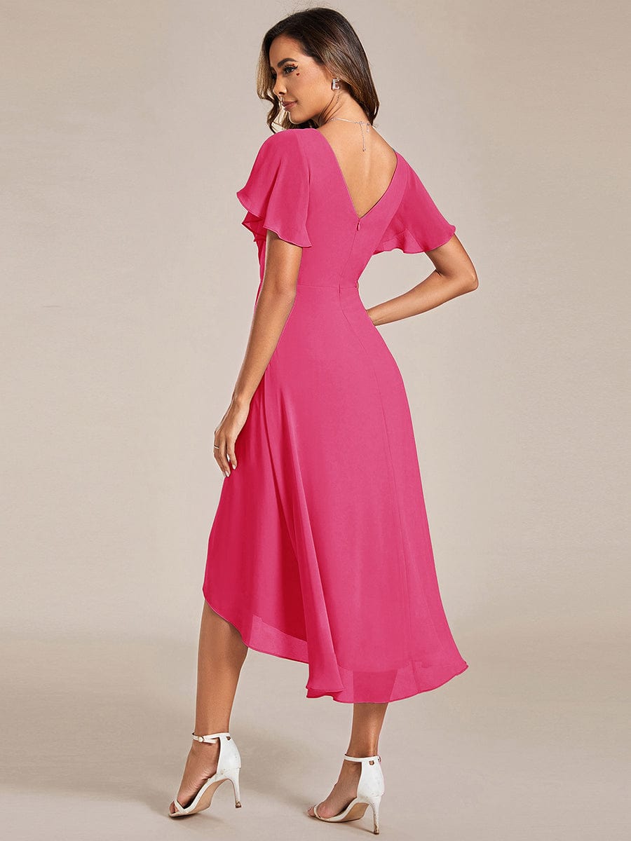 Chic V Neck High-Low Short Sleeve Wedding Guest Dress #color_Hot Pink