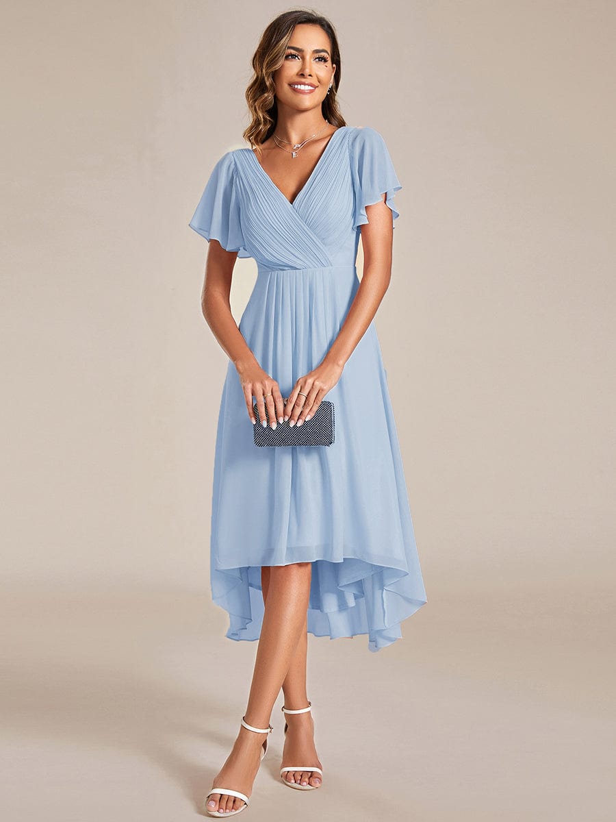 Chic V Neck High-Low Short Sleeve Wedding Guest Dress #color_Ice Blue