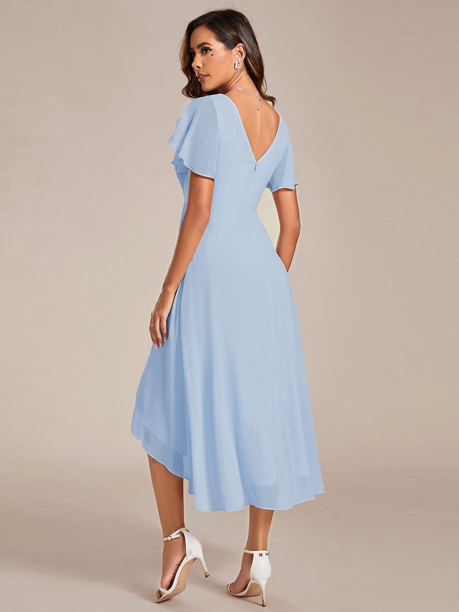 Chic V Neck High-Low Short Sleeve Wedding Guest Dress #color_Ice Blue