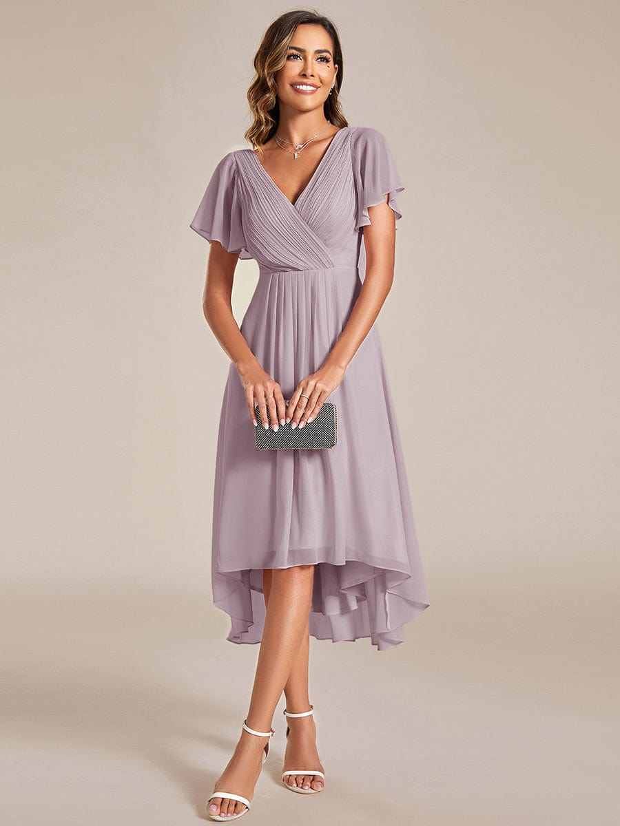 Chic V Neck High-Low Short Sleeve Wedding Guest Dress #color_Lilac