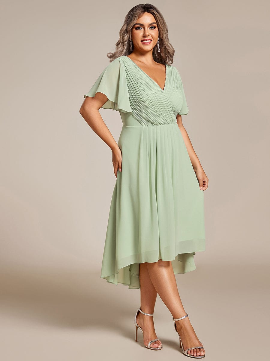 Plus Size V-Neck High-Low Chiffon Wedding Guest Dress #color_Mint Green