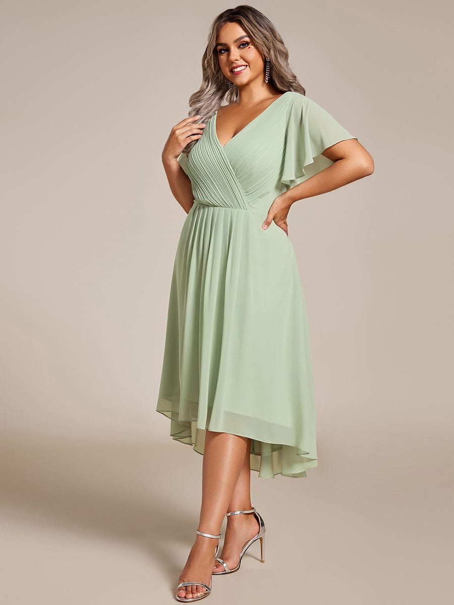 Custom Size Chic V Neck High-Low Wedding Guest Dress #color_Mint Green