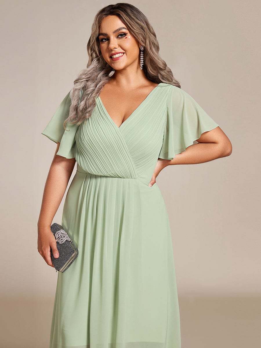 Plus Size V-Neck High-Low Chiffon Wedding Guest Dress #color_Mint Green