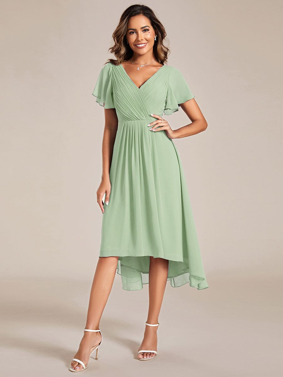 Custom Size Chic V Neck High-Low Wedding Guest Dress #color_Mint Green