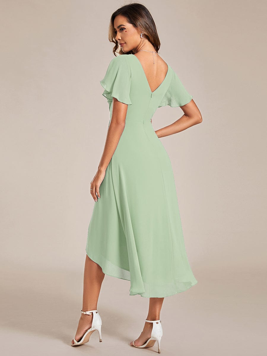 Custom Size Chic V Neck High-Low Wedding Guest Dress #color_Mint Green