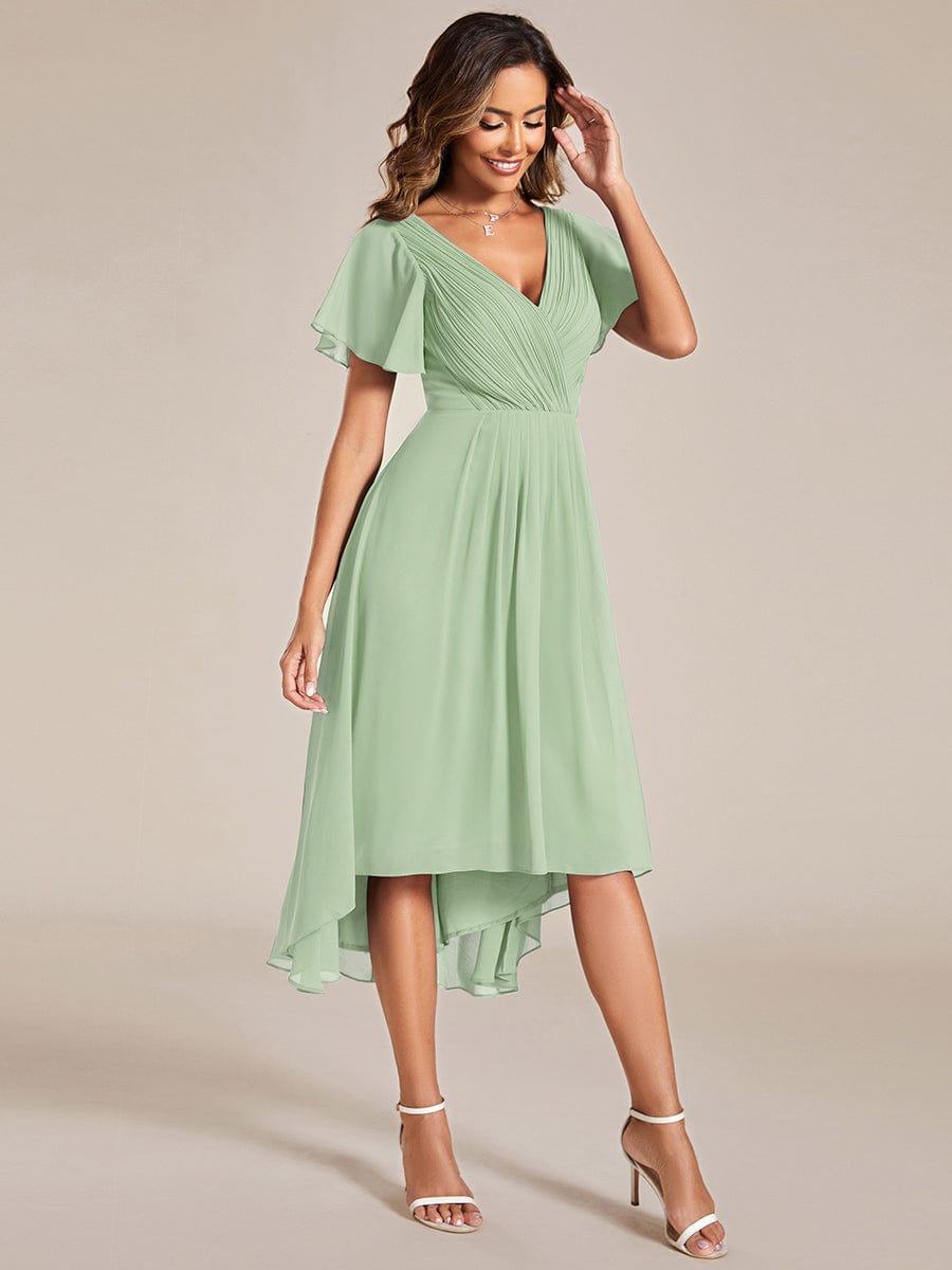 Custom Size Chic V Neck High-Low Wedding Guest Dress #color_Mint Green