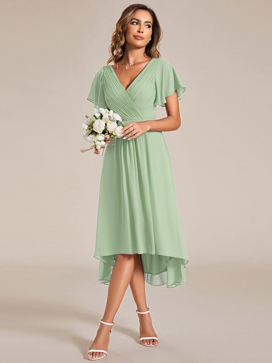 Custom Size Chic V Neck High-Low Wedding Guest Dress #color_Mint Green