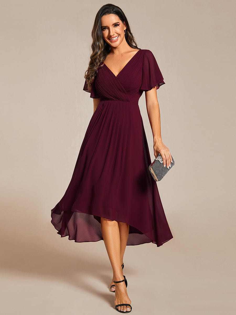 Chic V Neck High-Low Short Sleeve Wedding Guest Dress #color_Mulberry