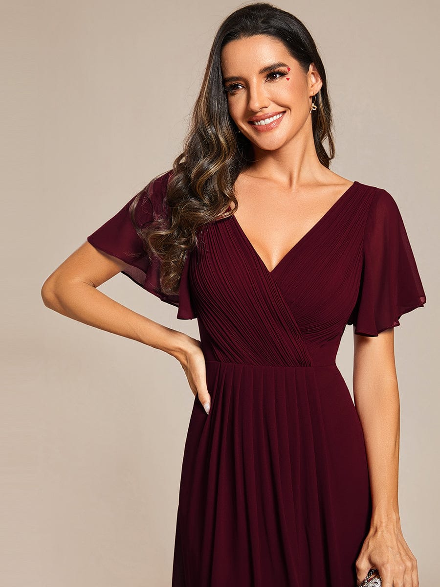 Chic V Neck High-Low Short Sleeve Wedding Guest Dress #color_Mulberry