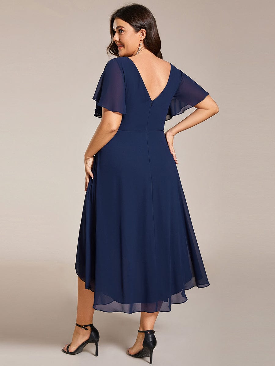 Chic V Neck High-Low Wedding Guest Dress #color_Navy Blue