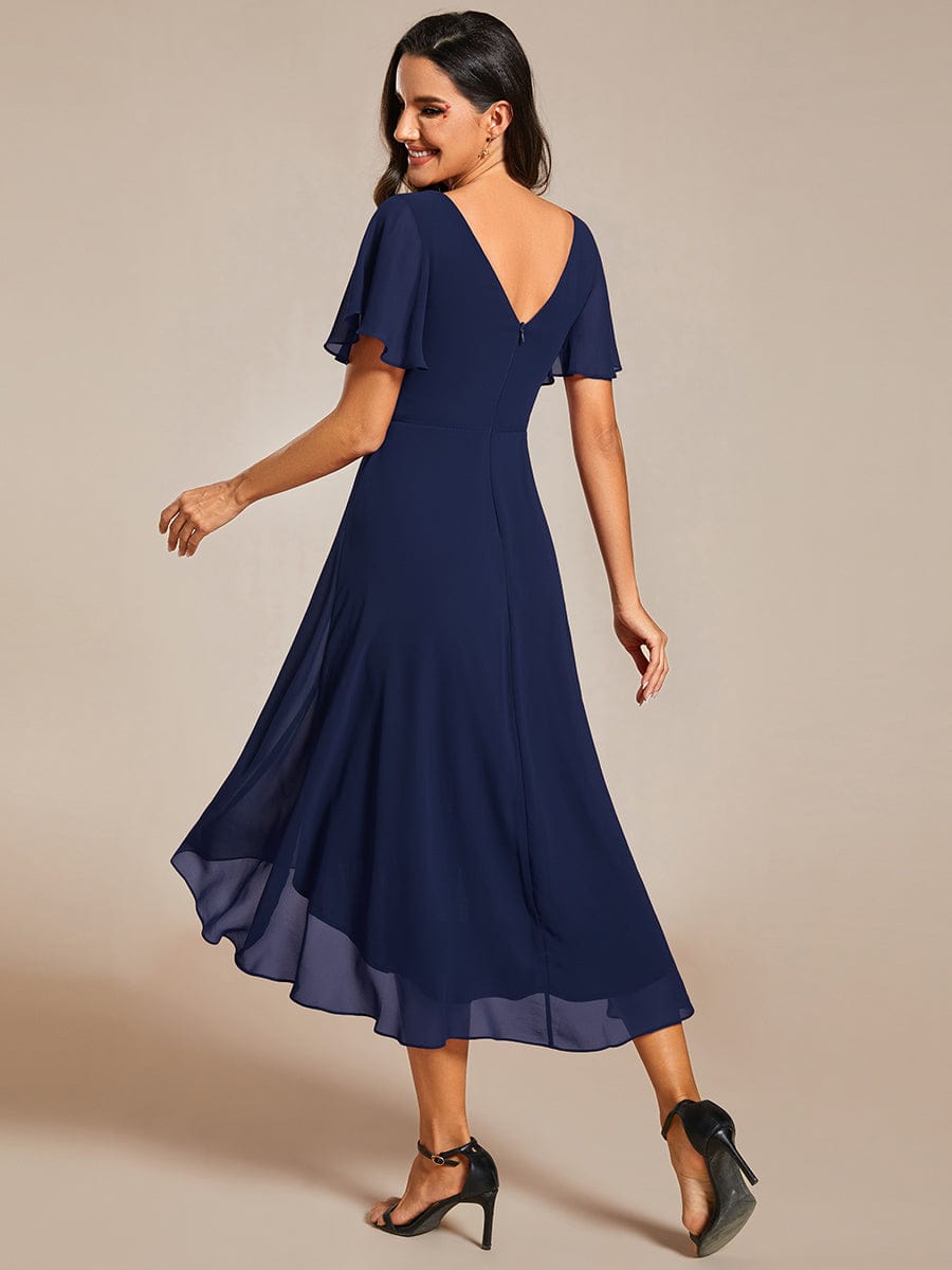 Chic V Neck High-Low Wedding Guest Dress #color_Navy Blue