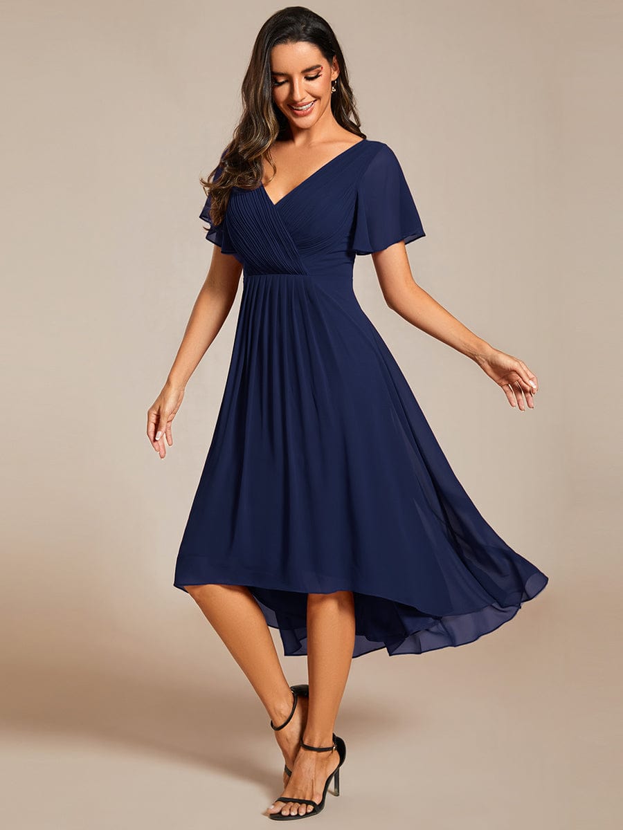 Chic V Neck High-Low Wedding Guest Dress #color_Navy Blue