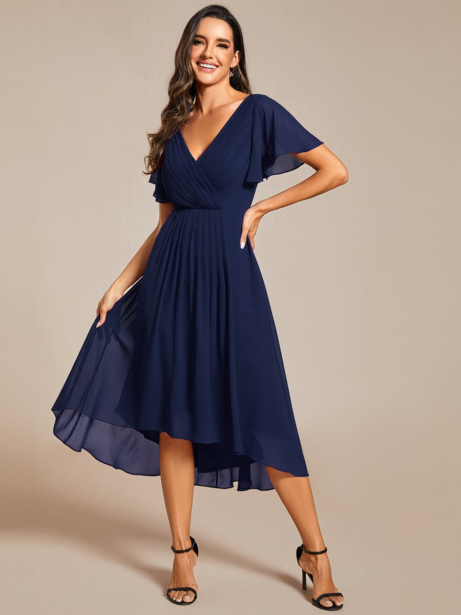 Chiffon Pleated V Neck High-Low Bridesmaid Dress #color_Navy Blue