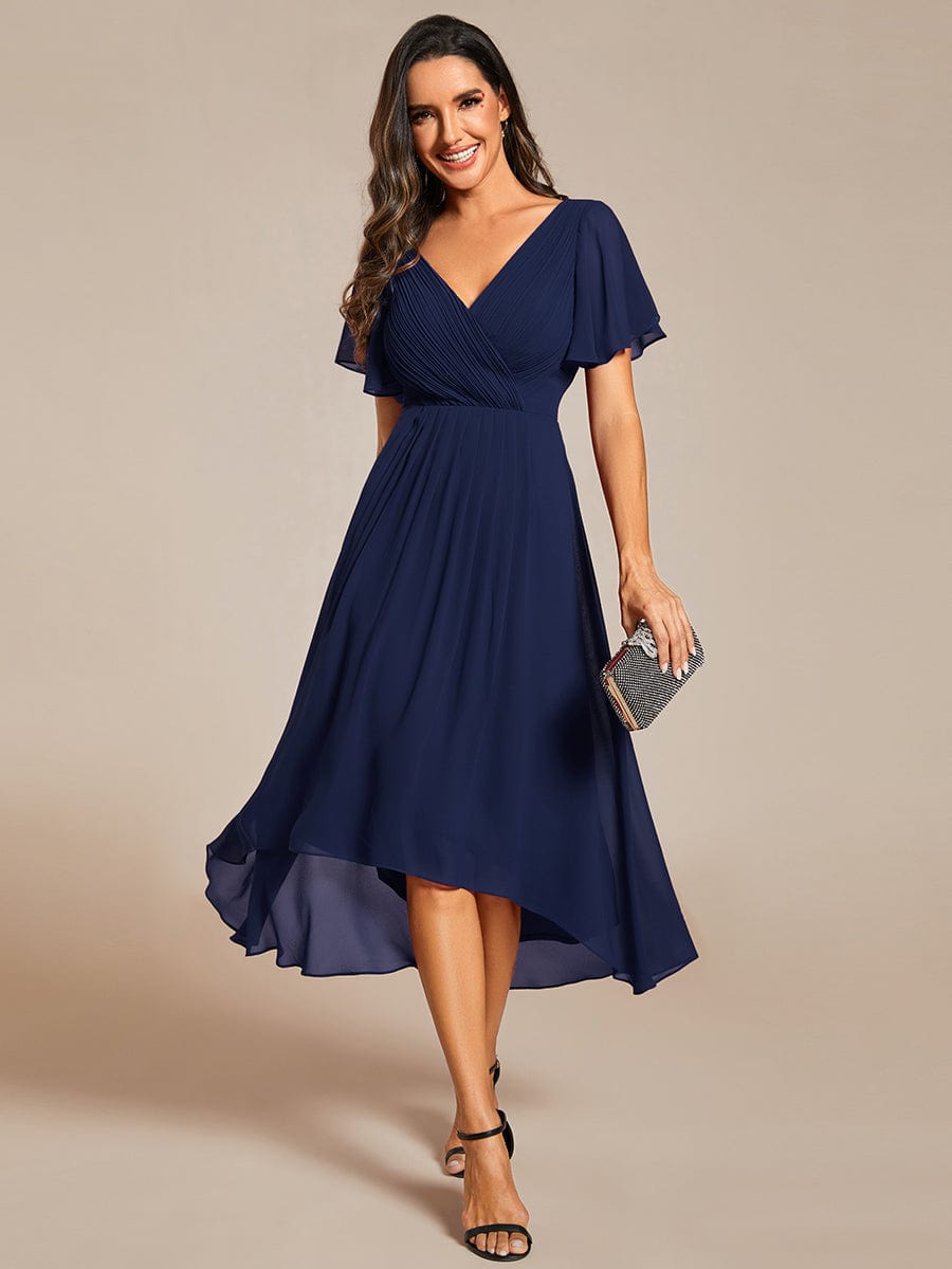 Chic V Neck High-Low Wedding Guest Dress #color_Navy Blue