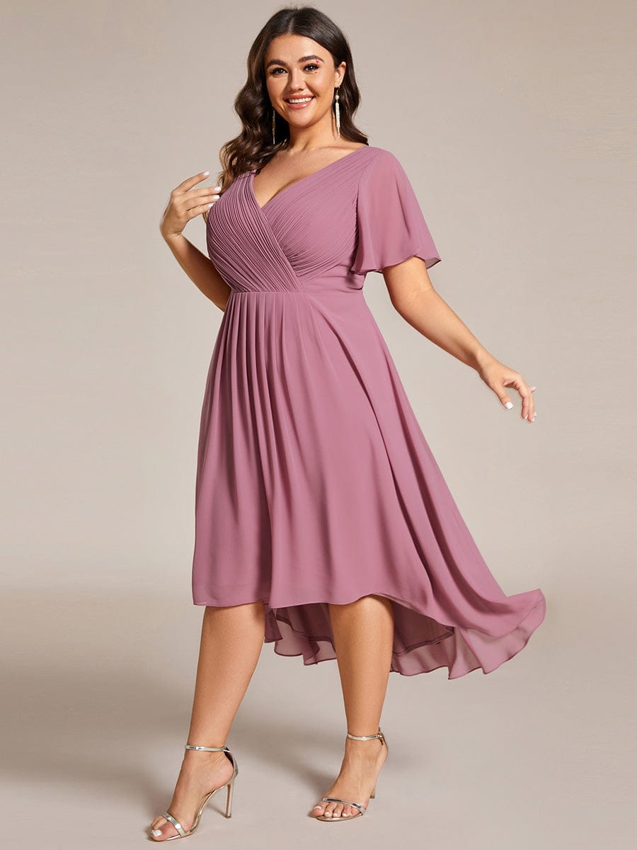 Chiffon Pleated V Neck High-Low Bridesmaid Dress #color_Purple Orchid