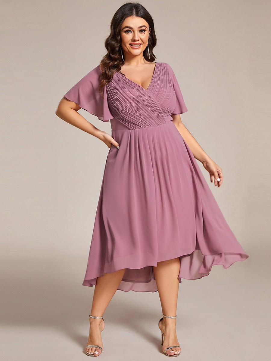 Chiffon Pleated V Neck High-Low Bridesmaid Dress #color_Purple Orchid