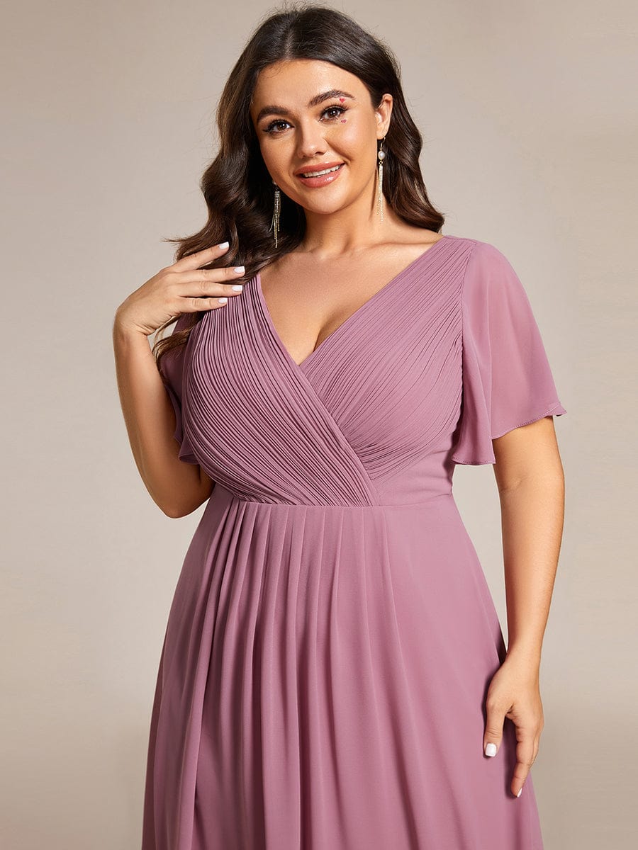 Plus Size V-Neck High-Low Chiffon Wedding Guest Dress #color_Purple Orchid