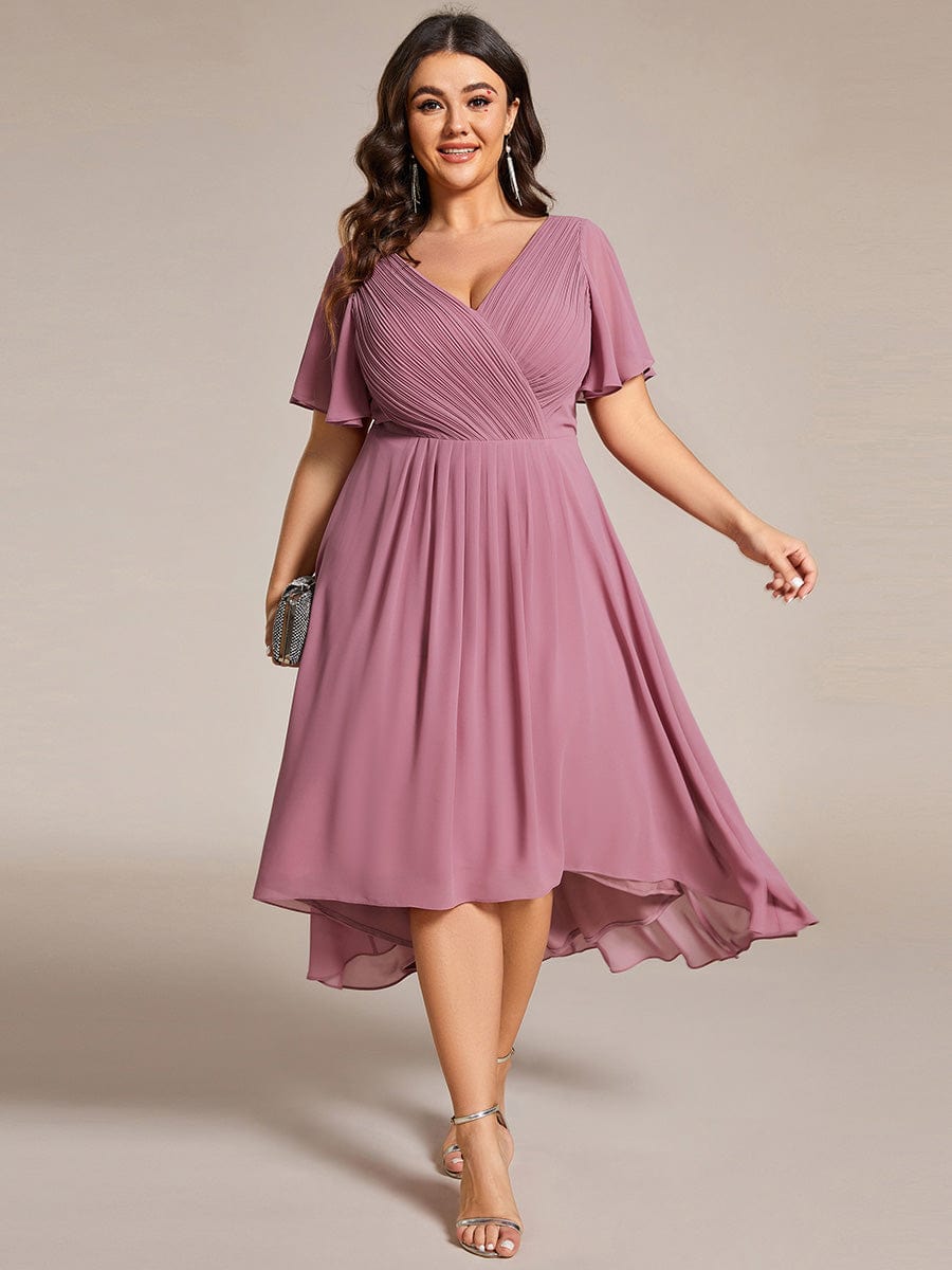 Plus Size V-Neck High-Low Chiffon Wedding Guest Dress #color_Purple Orchid