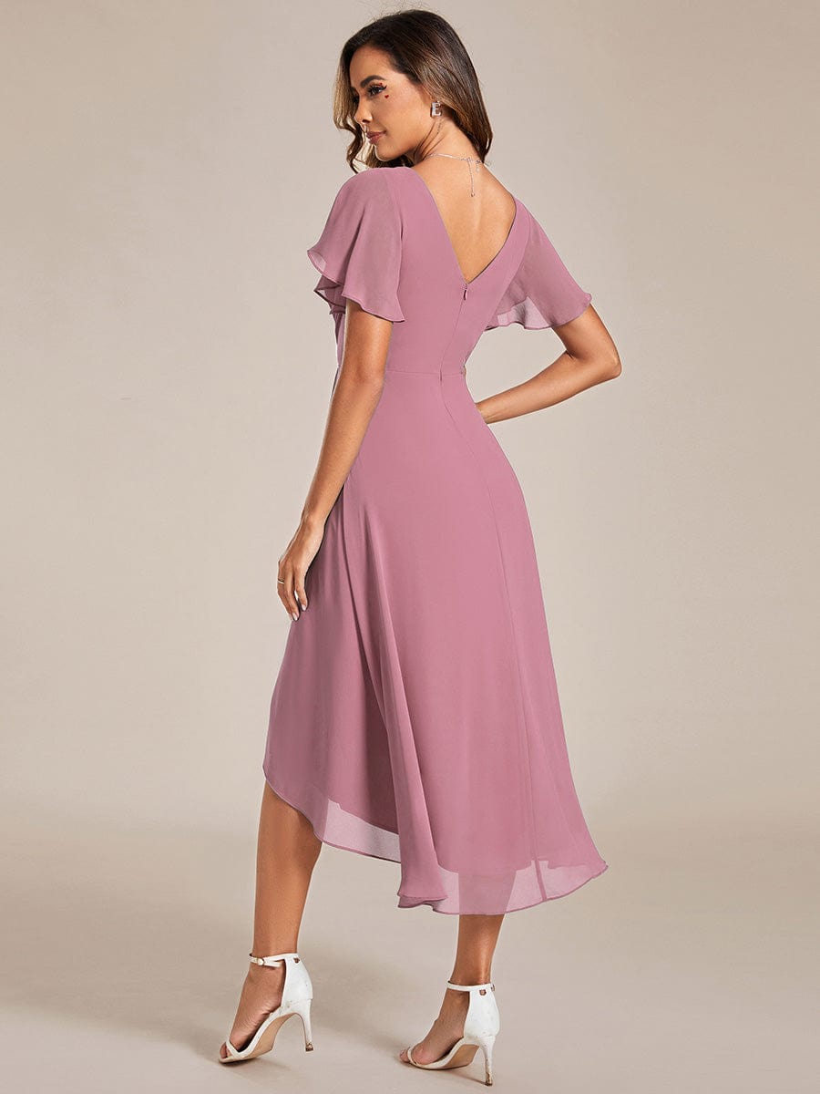 Chiffon Pleated V Neck High-Low Bridesmaid Dress #color_Purple Orchid