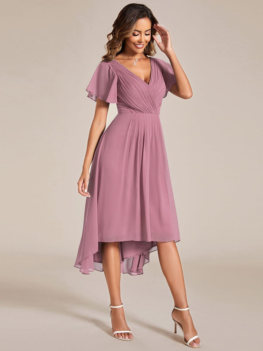 Chiffon Pleated V Neck High-Low Bridesmaid Dress #color_Purple Orchid