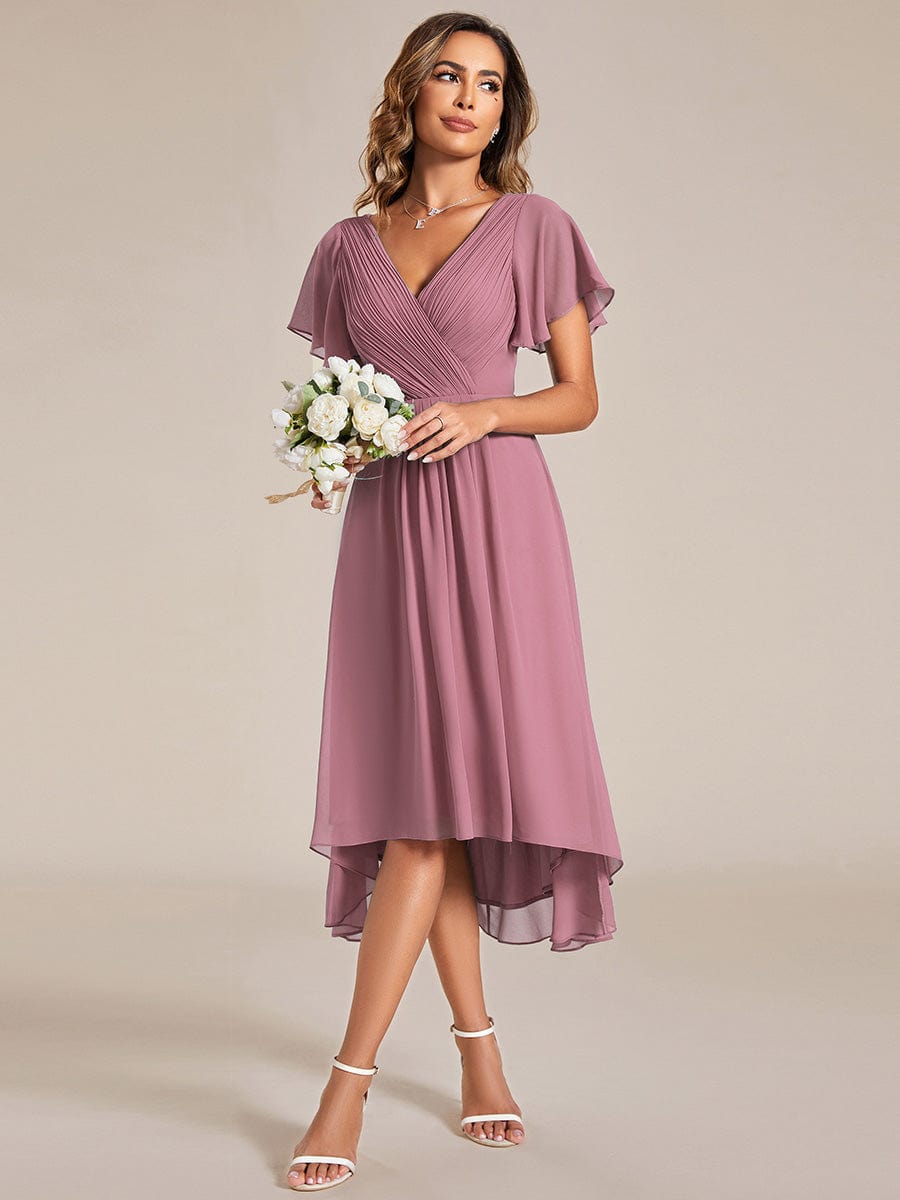 Chiffon Pleated V Neck High-Low Bridesmaid Dress #color_Purple Orchid