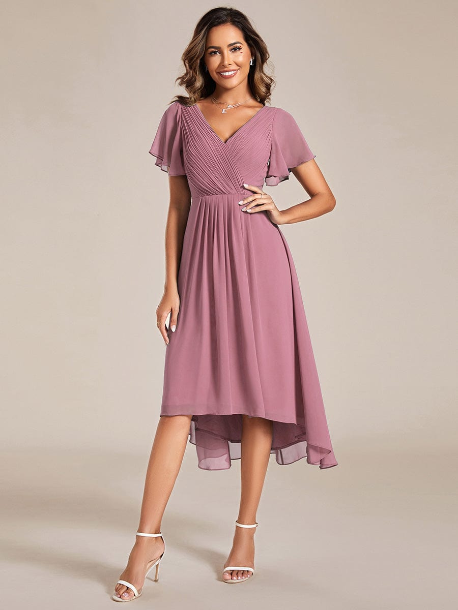 Chiffon Pleated V Neck High-Low Bridesmaid Dress #color_Purple Orchid