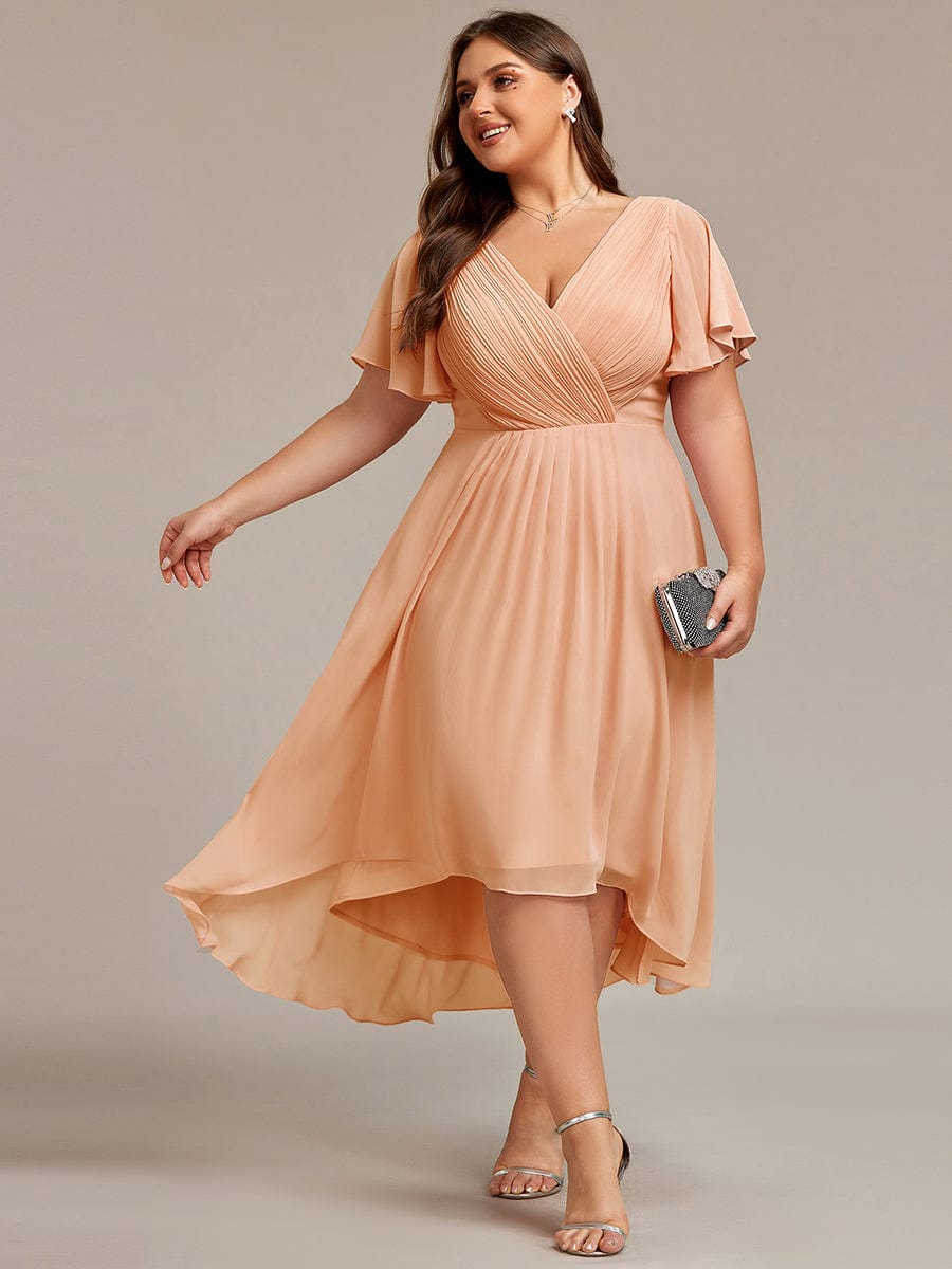 Chic V Neck High-Low Wedding Guest Dress #color_Peach