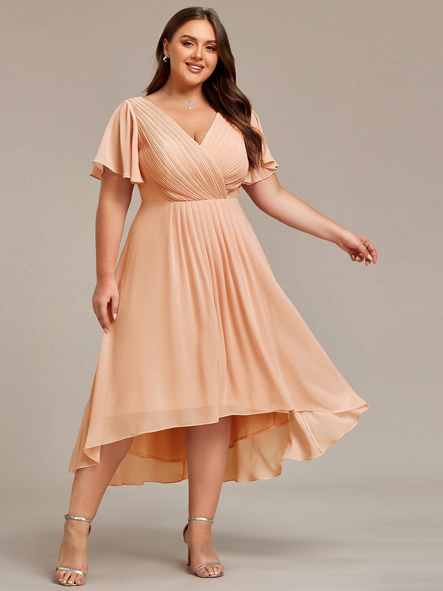 Chic V Neck High-Low Wedding Guest Dress #color_Peach