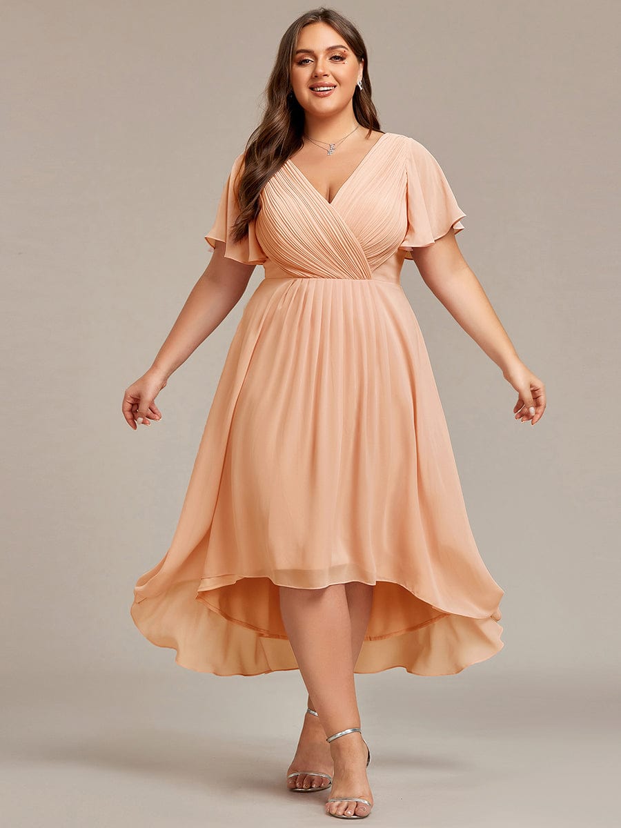 Chic V Neck High-Low Wedding Guest Dress #color_Peach