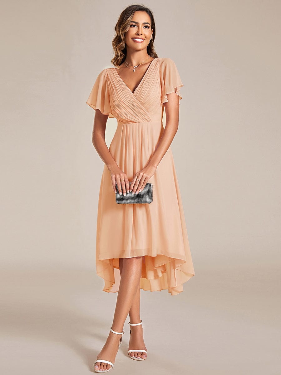 Chic V Neck High-Low Wedding Guest Dress #color_Peach