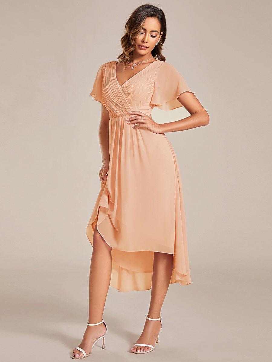 Chic V Neck High-Low Wedding Guest Dress #color_Peach