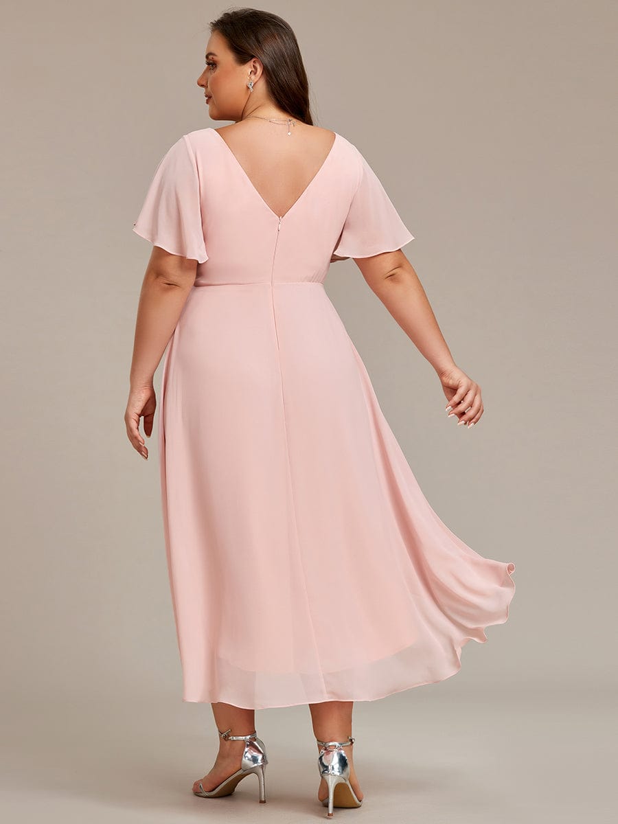 Chic V Neck High-Low Wedding Guest Dress #color_Pink