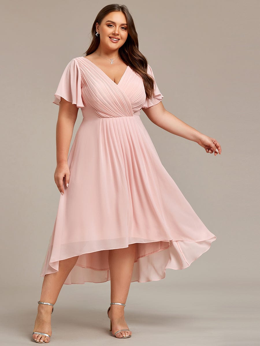 Chic V Neck High-Low Wedding Guest Dress #color_Pink