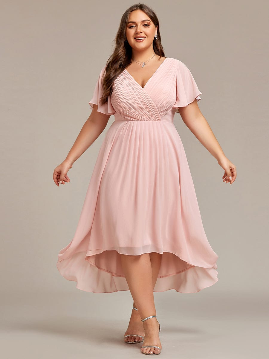 Chiffon Pleated V Neck High-Low Bridesmaid Dress #color_Pink