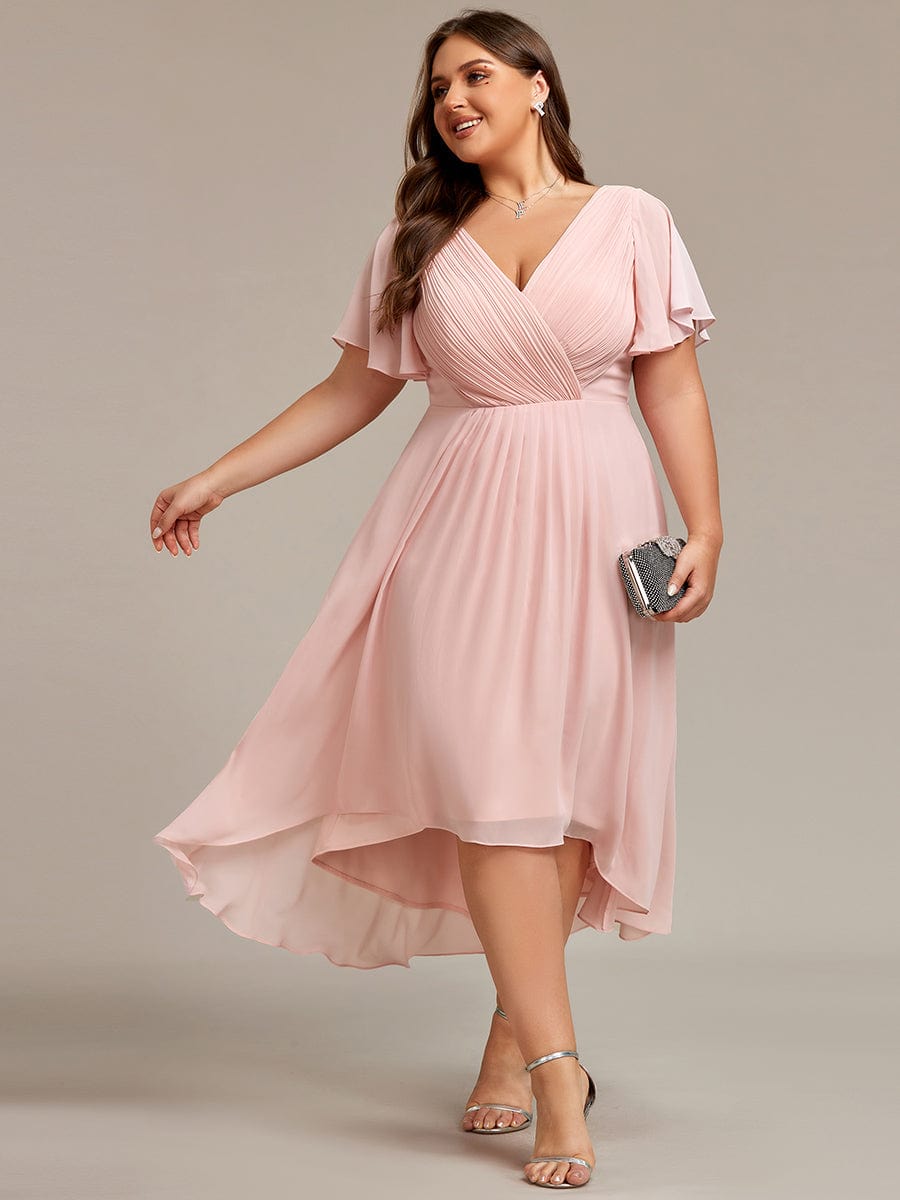 Chic V Neck High-Low Wedding Guest Dress #color_Pink