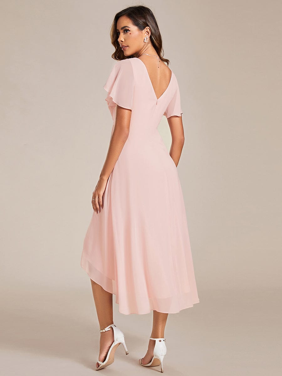 Chiffon Pleated V Neck High-Low Bridesmaid Dress #color_Pink