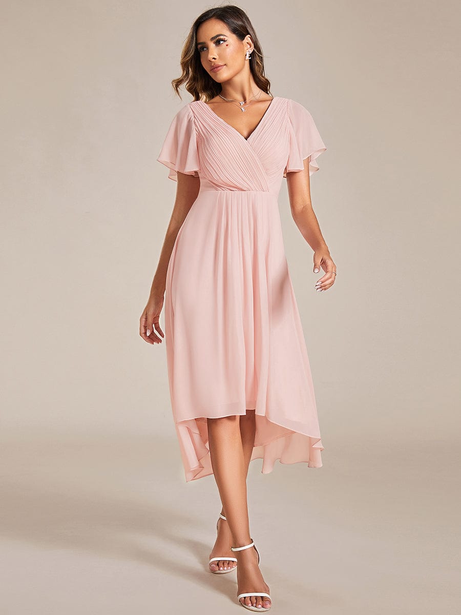 Chic V Neck High-Low Wedding Guest Dress #color_Pink