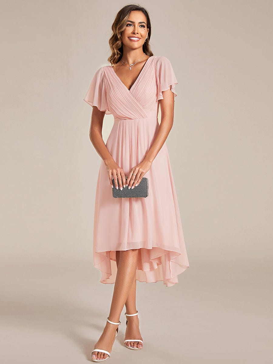 Chic V Neck High-Low Wedding Guest Dress #color_Pink