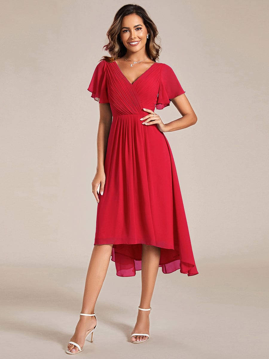 Chic V Neck High-Low Short Sleeve Wedding Guest Dress #color_Red