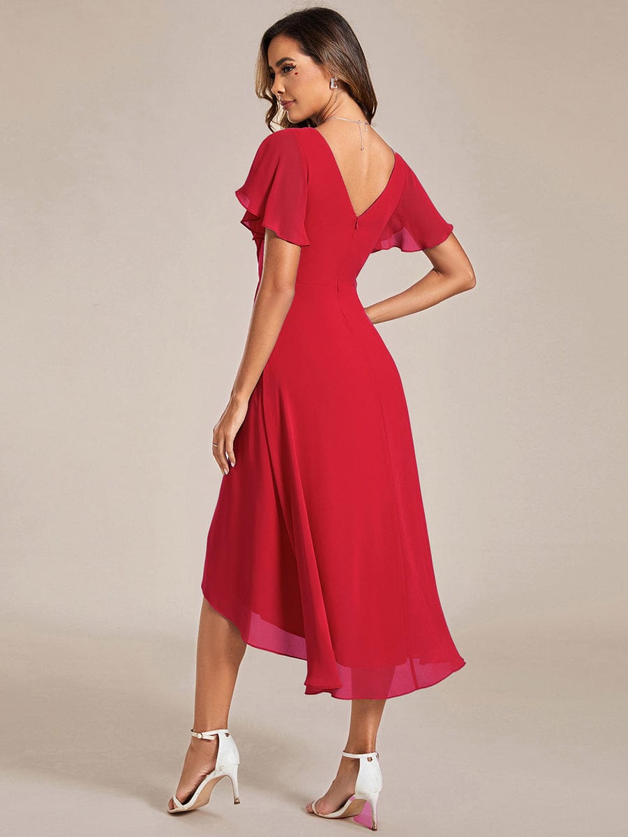 Chic V Neck High-Low Short Sleeve Wedding Guest Dress #color_Red